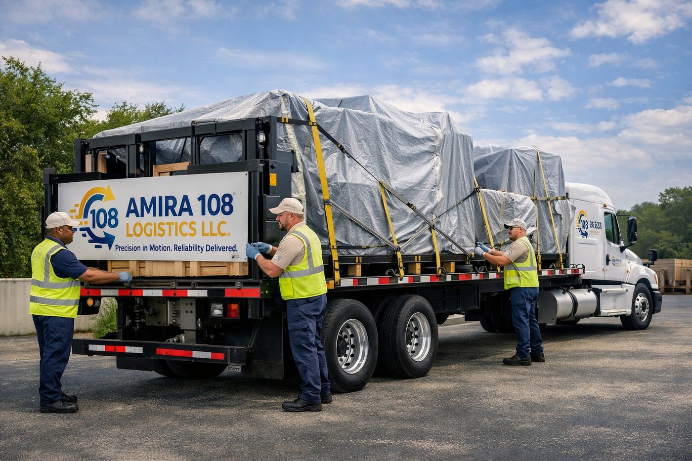 Amira 108 Logistics crew loading specialized medical equipment onto a flatbed truck