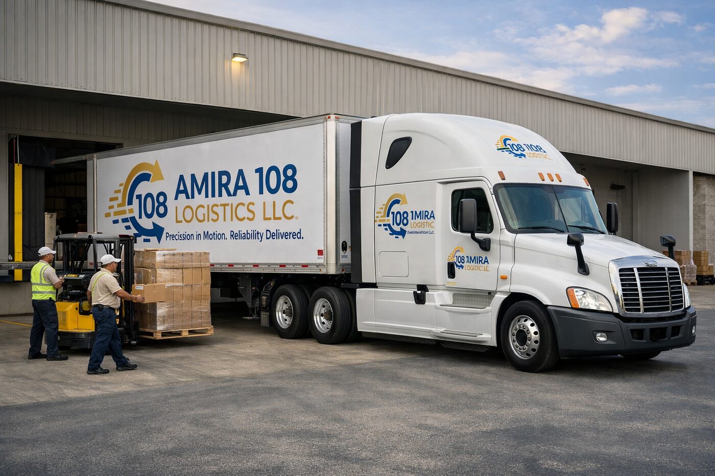 Amira 108 Logistics semi truck loading freight at a warehouse dock