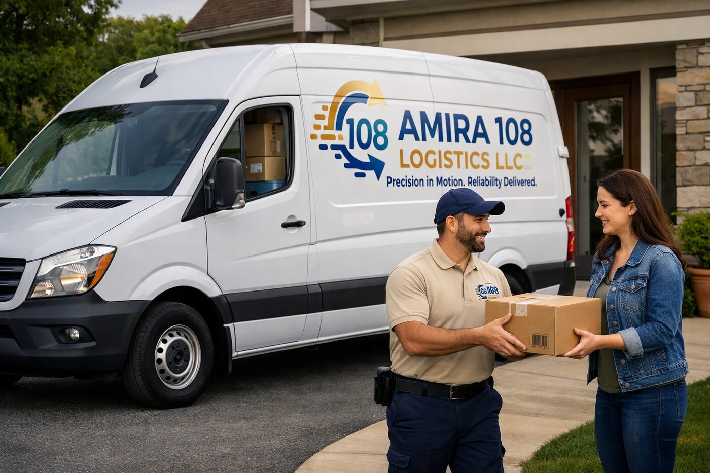 Amira 108 medical courier van and uniformed driver delivering a package