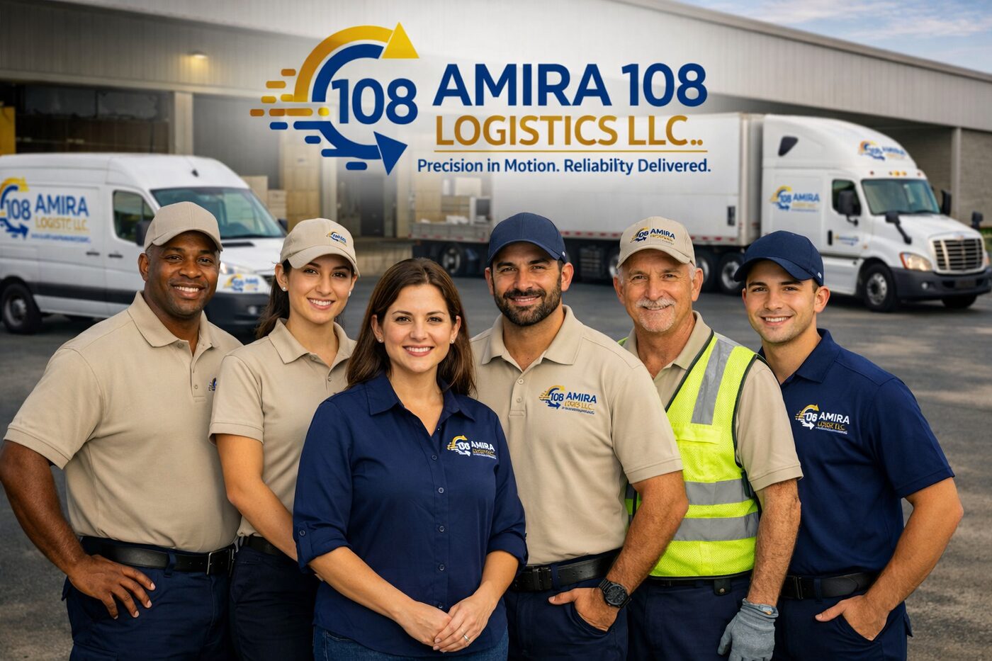 The Amira 108 Logistics team in front of company trucks and vans